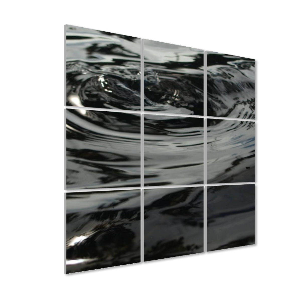 Left-angle view of Rippling Water acoustic wall art showing gentle wave textures and panel depth with reflective water patterns.