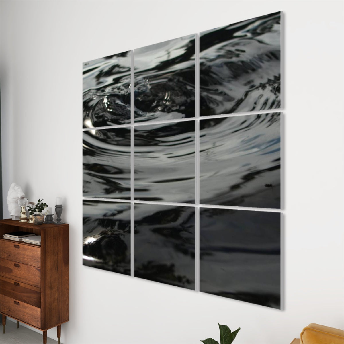 Right-side angled view of 9-panel wall art featuring ripples on water, light reflections, and smooth visual motion across all panels.
