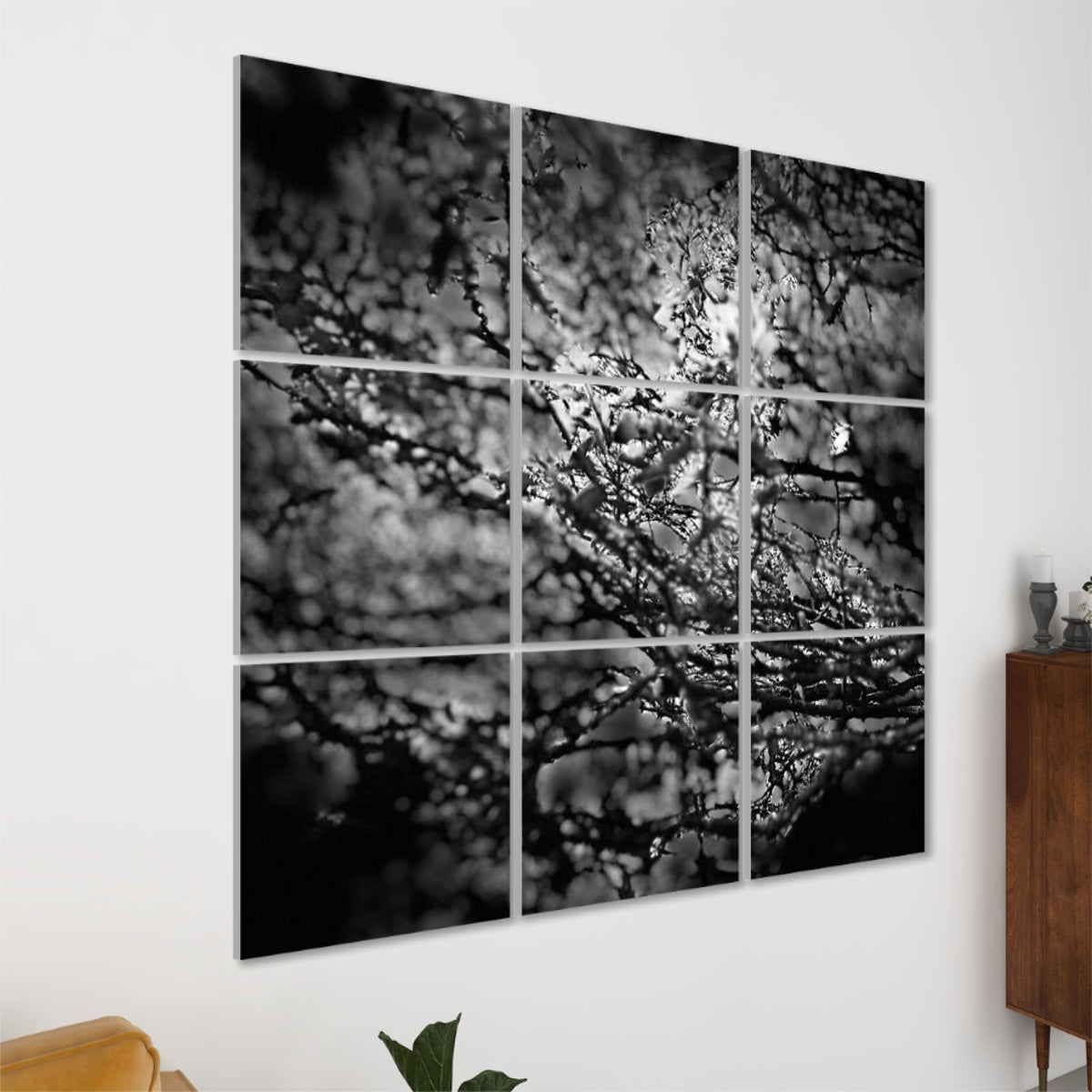 Left-angle view of Shadowed Canopy 9-panel wall art showing layered foliage and branch detail with a dreamy monochrome effect and visible panel depth.