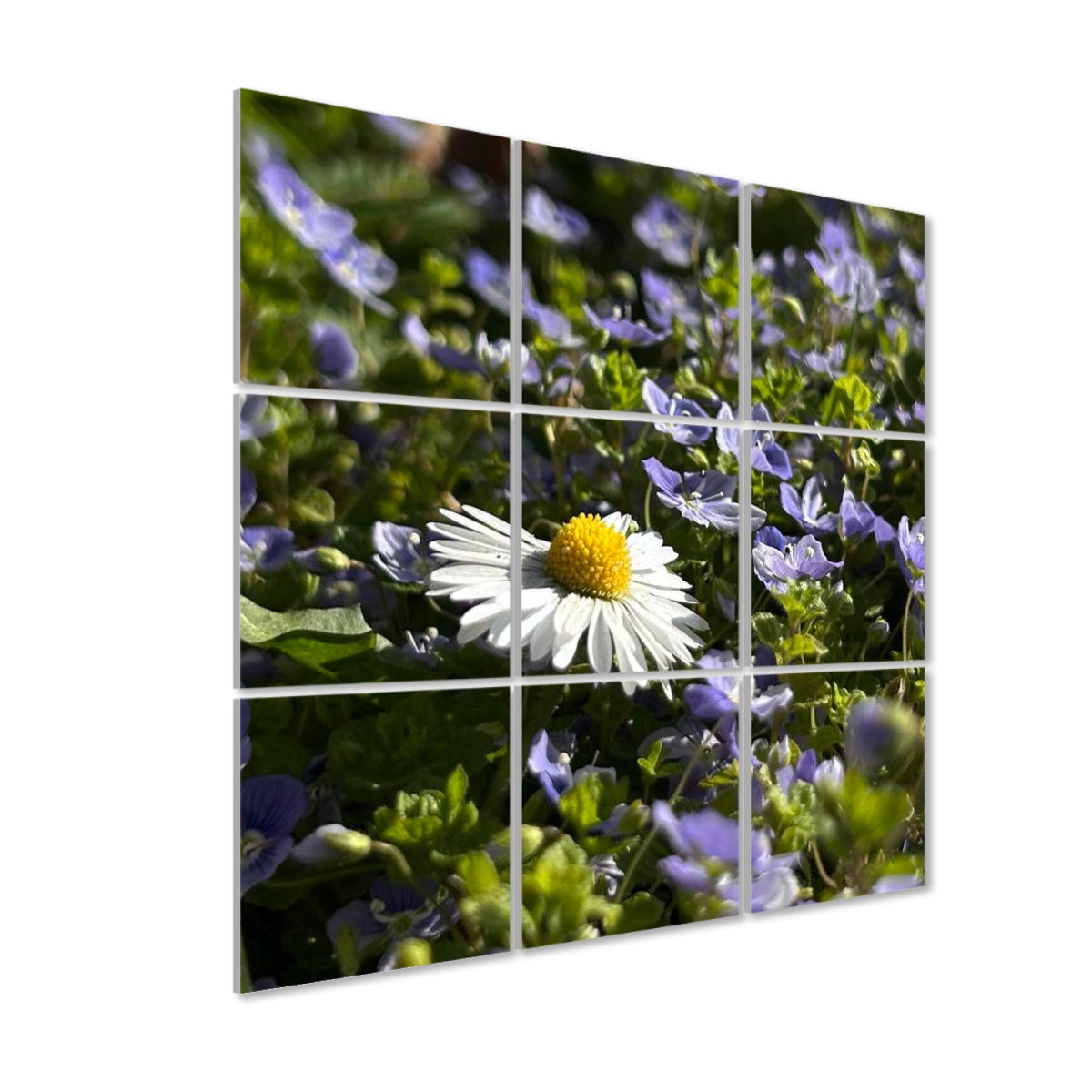 Left-angle view of 9-panel acoustic wall art showing close-up of a daisy among violet wildflowers, highlighting depth and color variation.