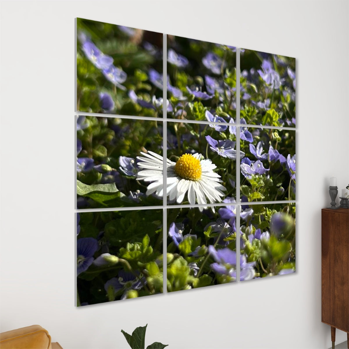 Left-angle view of 9-panel acoustic wall art showing close-up of a daisy among violet wildflowers, highlighting depth and color variation.