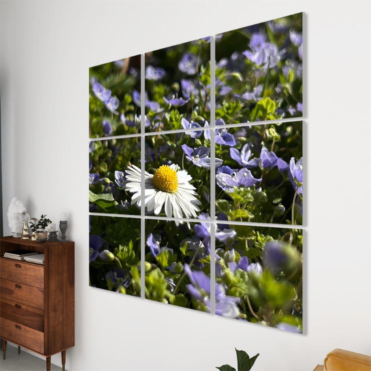 Right-angle view of Daisy Among Violets wall art with detailed floral texture and soft natural lighting across the panels.