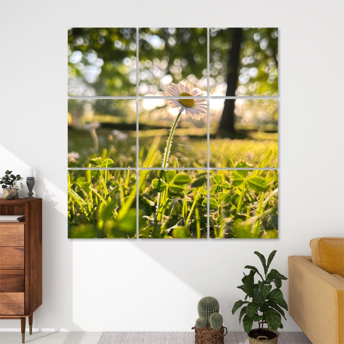 Full color close-up of a single daisy in golden sunlight with green grass and soft shadows, divided across 9 floral sound absorbing wall panels.
