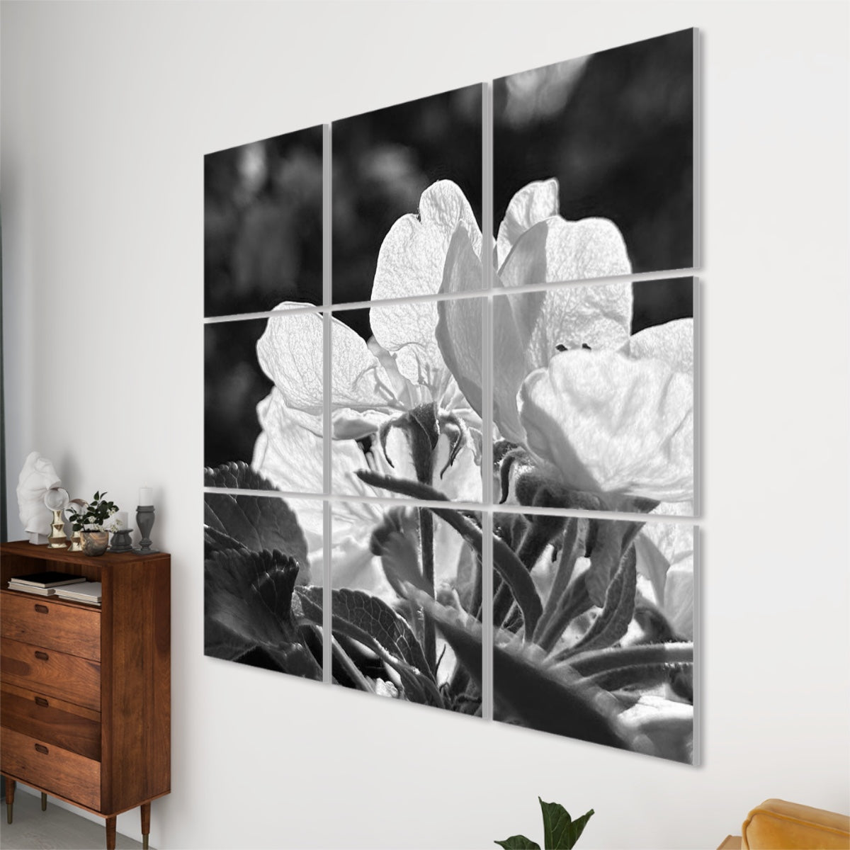 Right-side perspective of 9 sound absorbing panels in grayscale, showing detailed floral textures with soft depth and contrast.