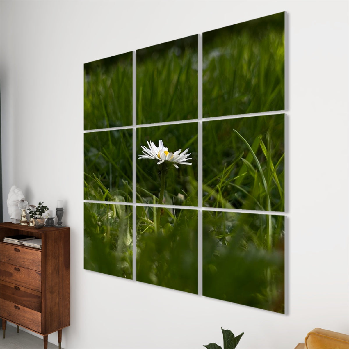 Right-side perspective of 9-panel floral wall art showing a daisy in soft sunlight against green grass with depth and clarity.