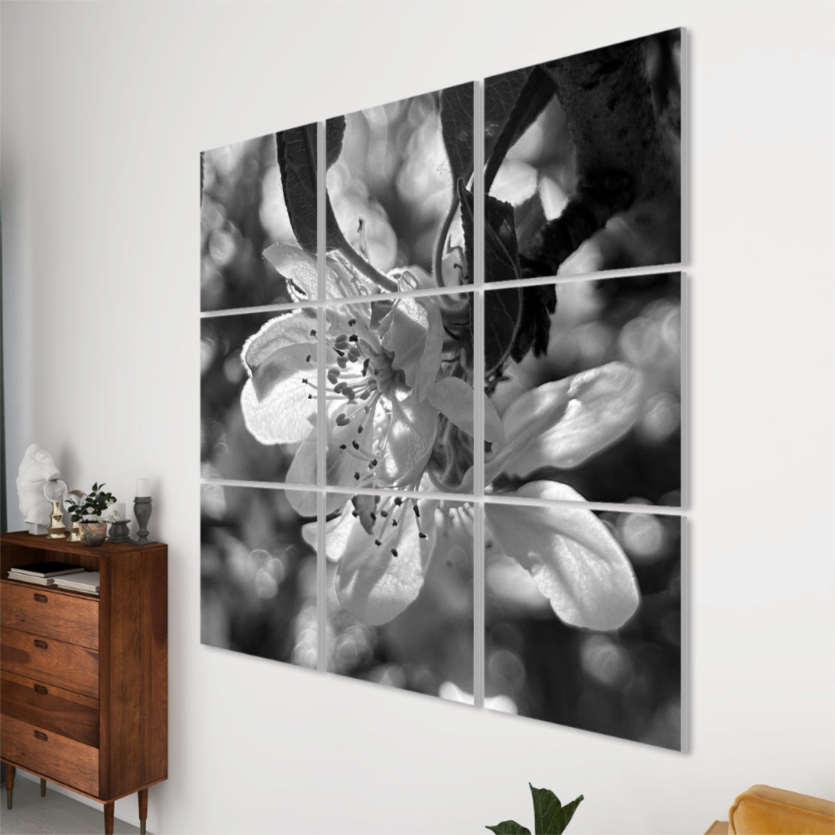 Right-side view of grayscale version of soft blush-colored flower petals with glowing background, arranged across 9 sound absorbing wall panels.