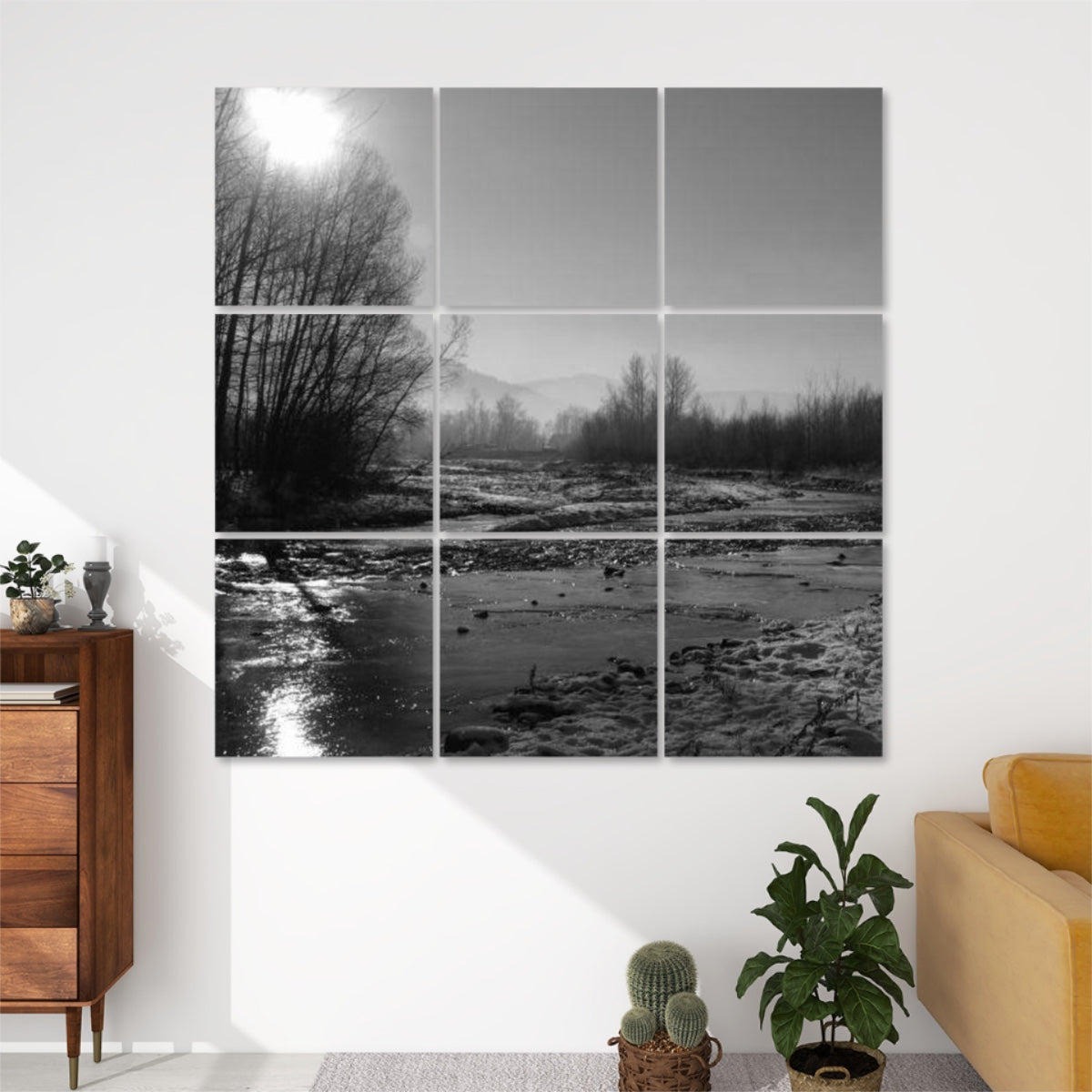 Greyscale version of Winter Stream wall art with soft tones and a calm, minimalistic rendering of a snowy landscape.