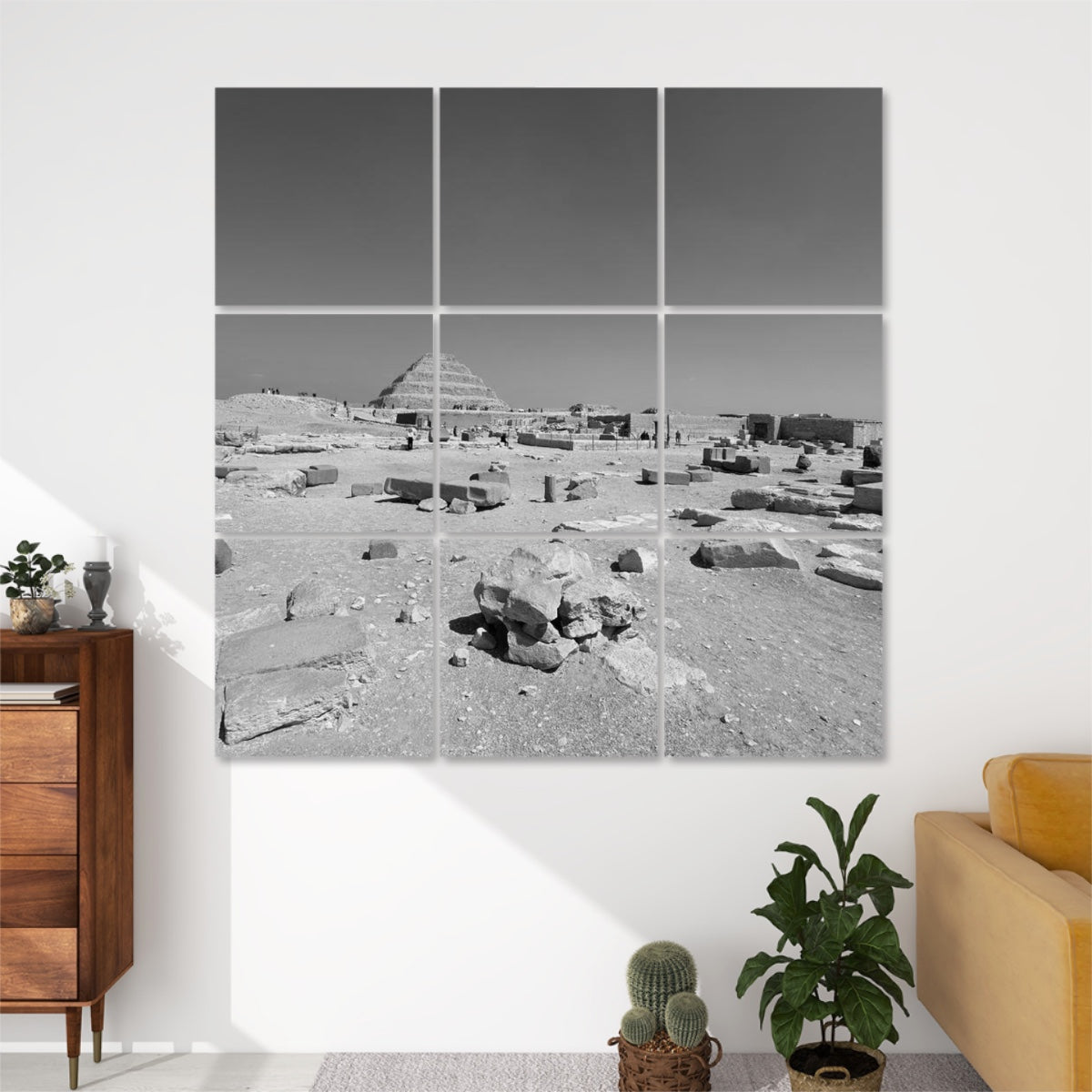 Greyscale 9-panel wall art of the Step Pyramid and Saqqara ruins, rendered in soft monochrome tones for a minimalist, timeless aesthetic.