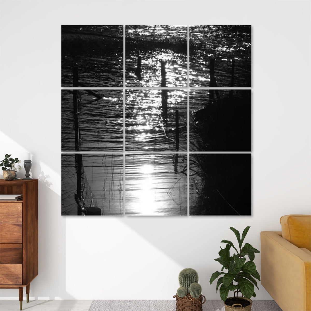 Greyscale version of 9-panel wall art with softly shimmering water, faint reflections, and subtle silhouettes for a calm, minimal tone.