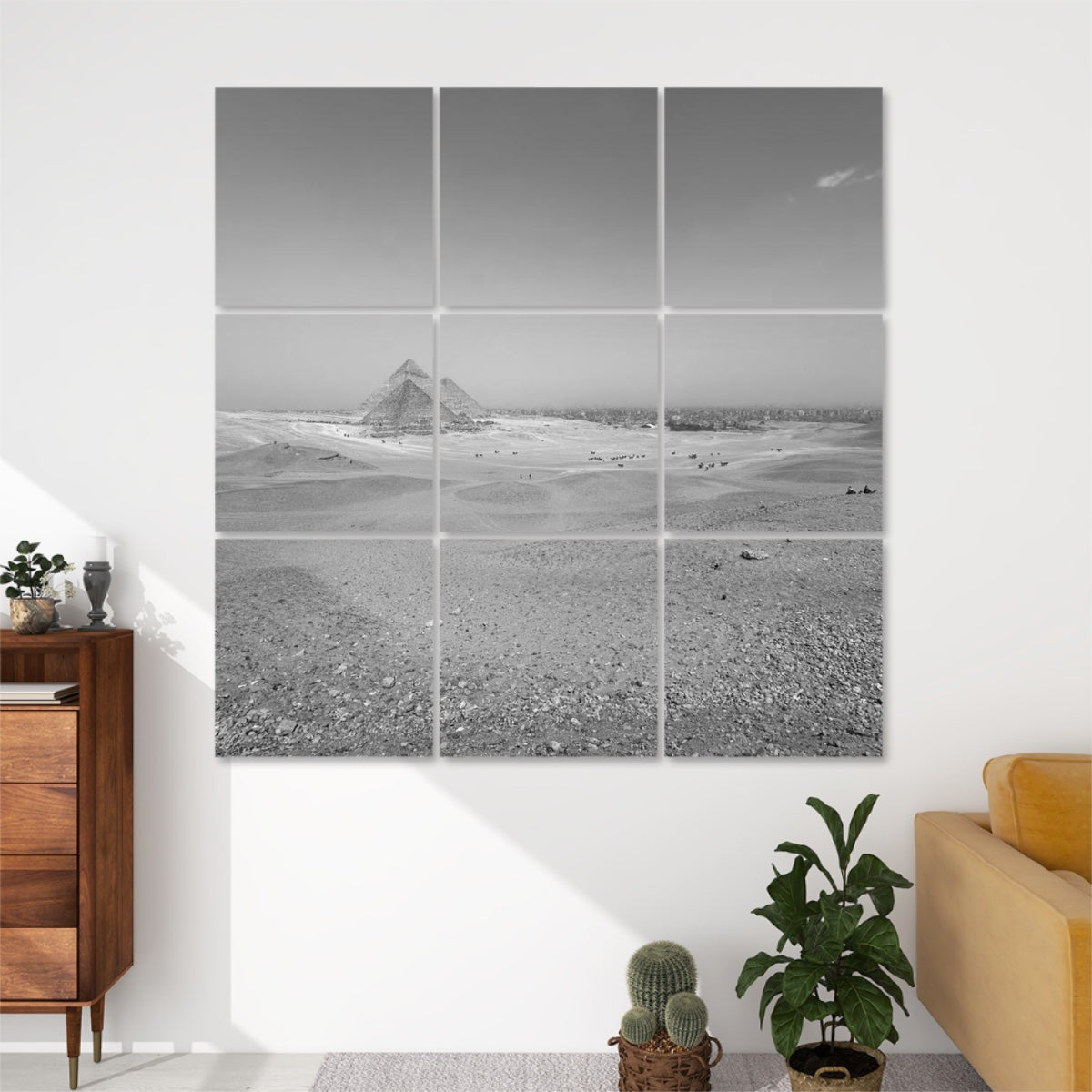 Greyscale version of Distant Horizon Pyramids 9-panel acoustic wall art, with desert, pyramids, and city skyline in smooth monochrome tones.