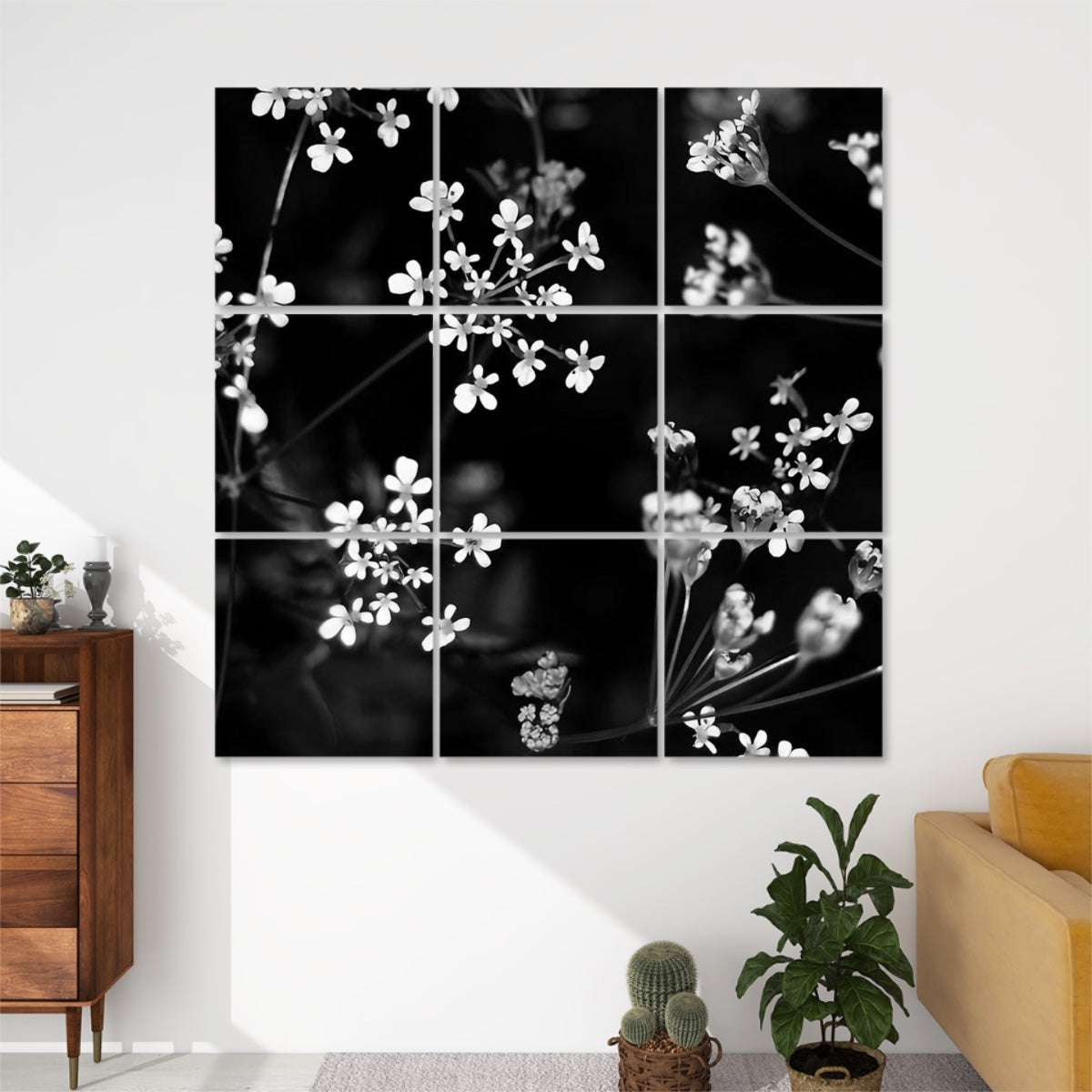 9 sound absorbing panels featuring white little flowers on black/green background, color: greyscale