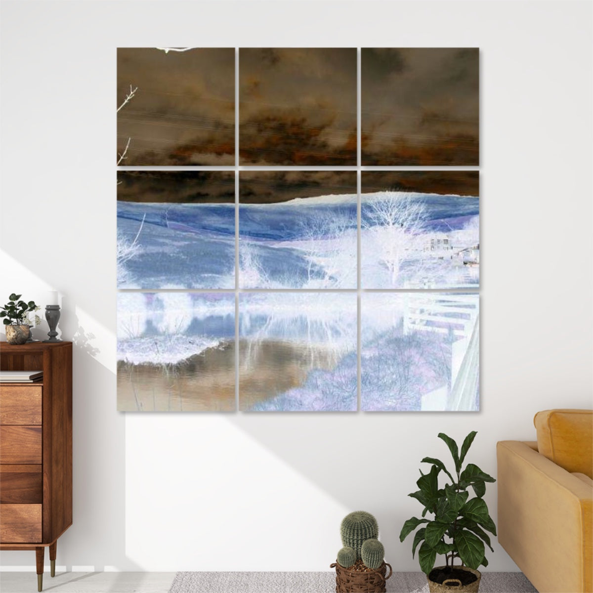 nverted color version of British Countryside design printed on 9 sound-absorbing wall panels, featuring surreal tones of hill, pond, and sky.