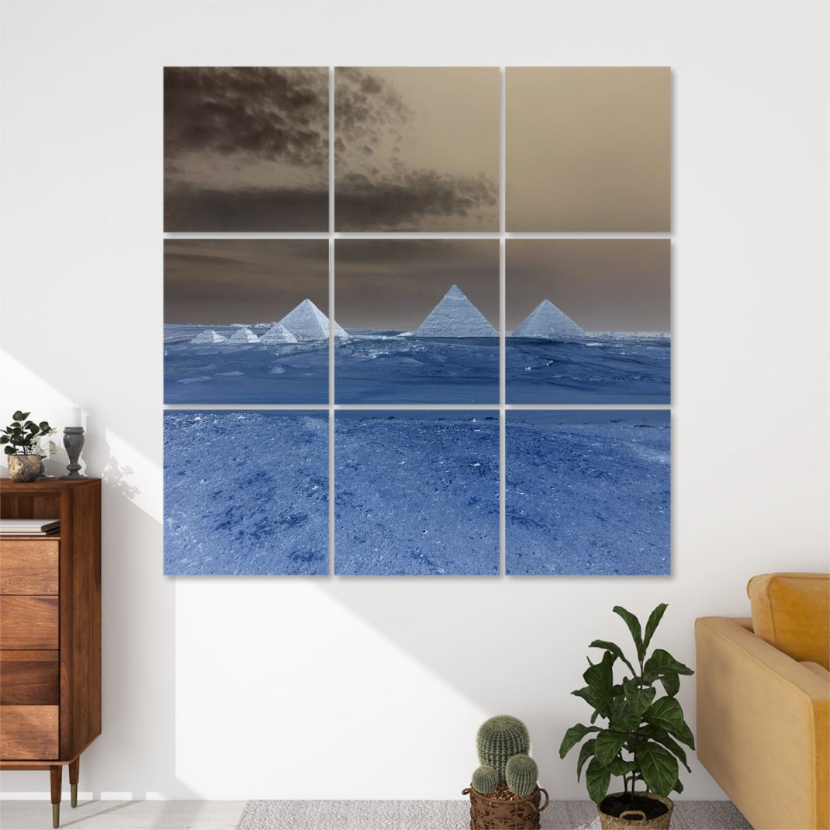 Inverted color version of the Pyramids of Giza acoustic wall art, creating a bold, high-contrast reinterpretation of the desert and sky.