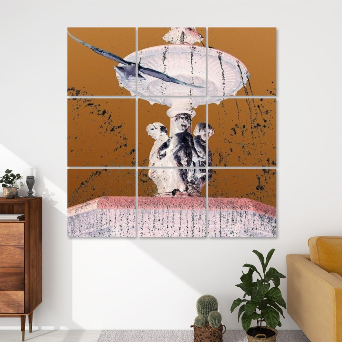 Inverted‑colour 3 × 3 acoustic panel set depicting a seagull in flight over Lisbon with surreal negative hues.