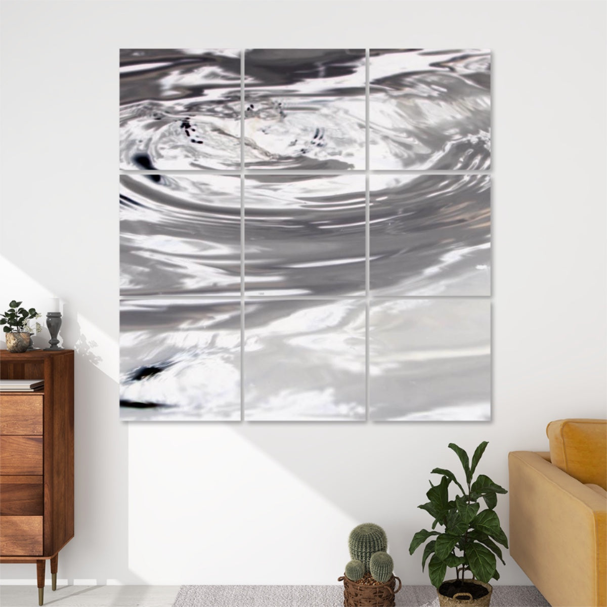 Inverted-color 9-panel wall art of reflective rippling water, rendered in surreal tones with dramatic visual contrast.