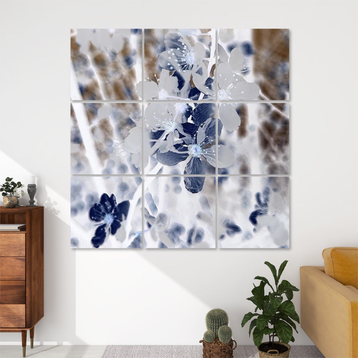 Inverted-color version of 9-panel wall art depicting backlit blossoms with dramatic contrast and surreal, artistic tones.