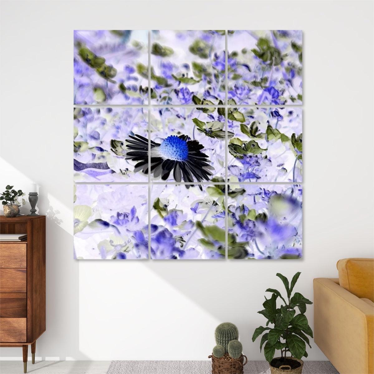 Inverted-color 9-panel wall art of daisy among violets with surreal color shifts and high-contrast botanical forms.