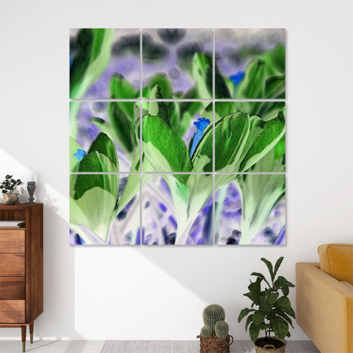 Inverted color 9-panel wall art showing a surreal, high-contrast rendering of blooming purple crocuses with bold visual impact.