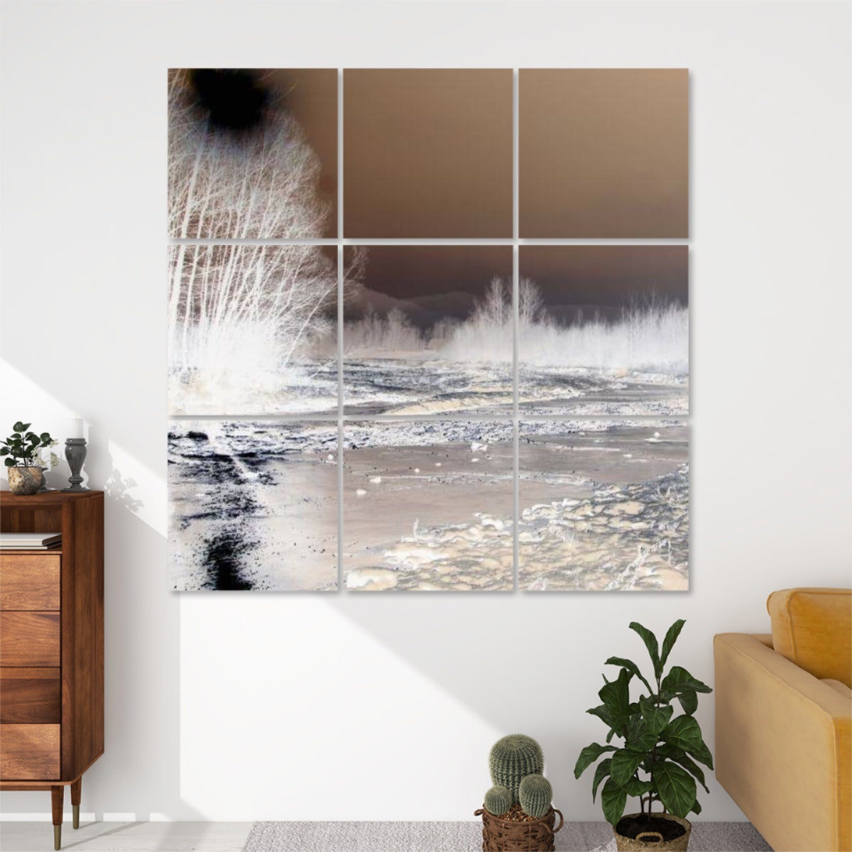 Inverted-color 9-panel wall art of a snow-covered stream scene with bold, surreal tones and dramatic lighting.