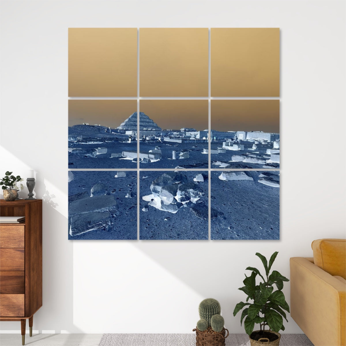 Inverted-color version of Step Pyramid acoustic wall art, transforming the ancient Egyptian landscape into a surreal high-contrast composition.