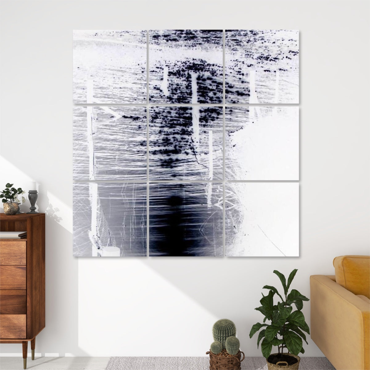 Inverted color version of 9-panel wall art showing dramatic reflections on water with surreal lighting and dark silhouettes.