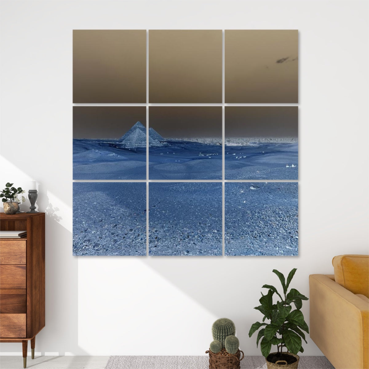 Inverted color 9-panel wall art showing a surreal negative of the Giza pyramids and vast desert, transformed into a bold modern art piece.