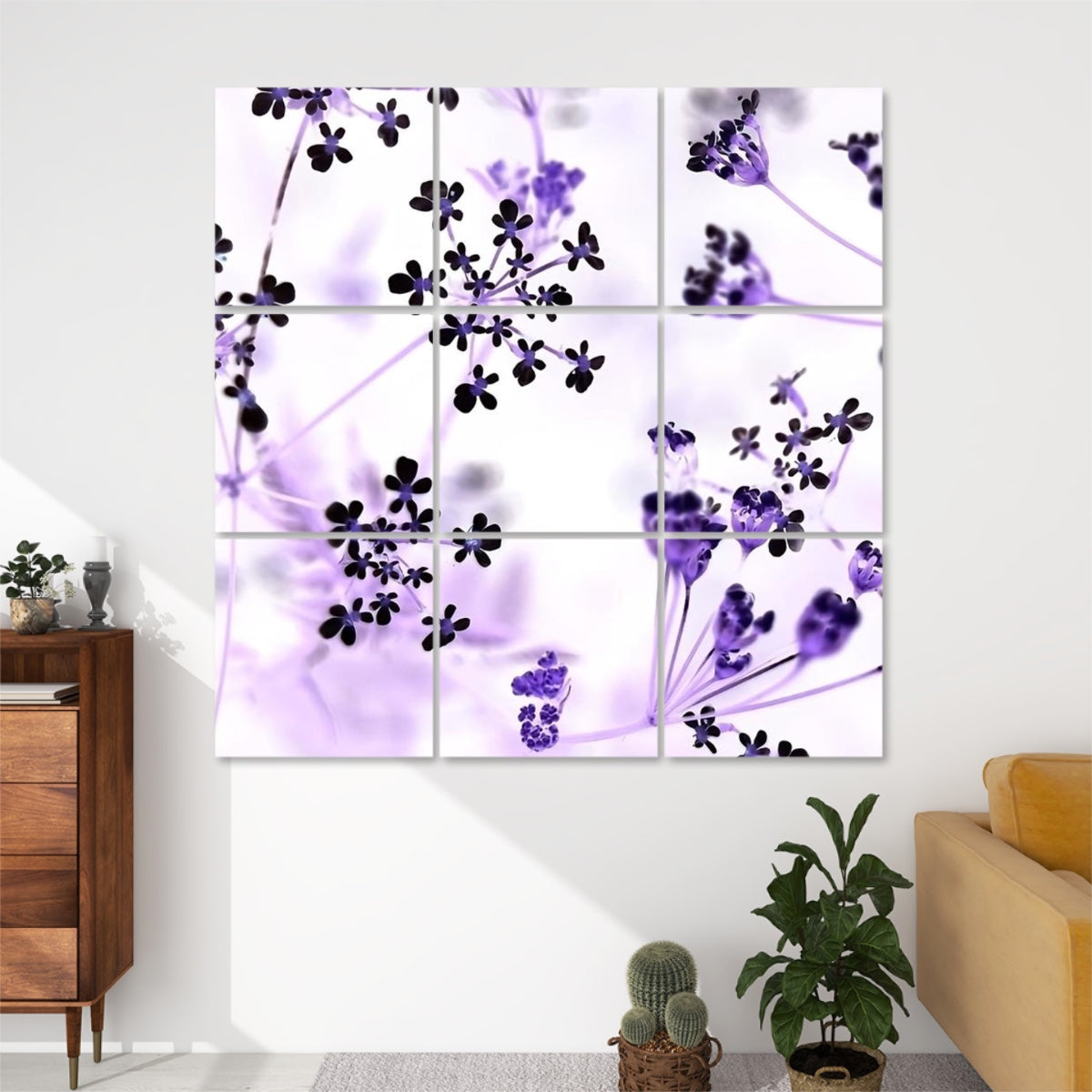 9 sound absorbing panels featuring white little flowers on black/green background, color: inverted