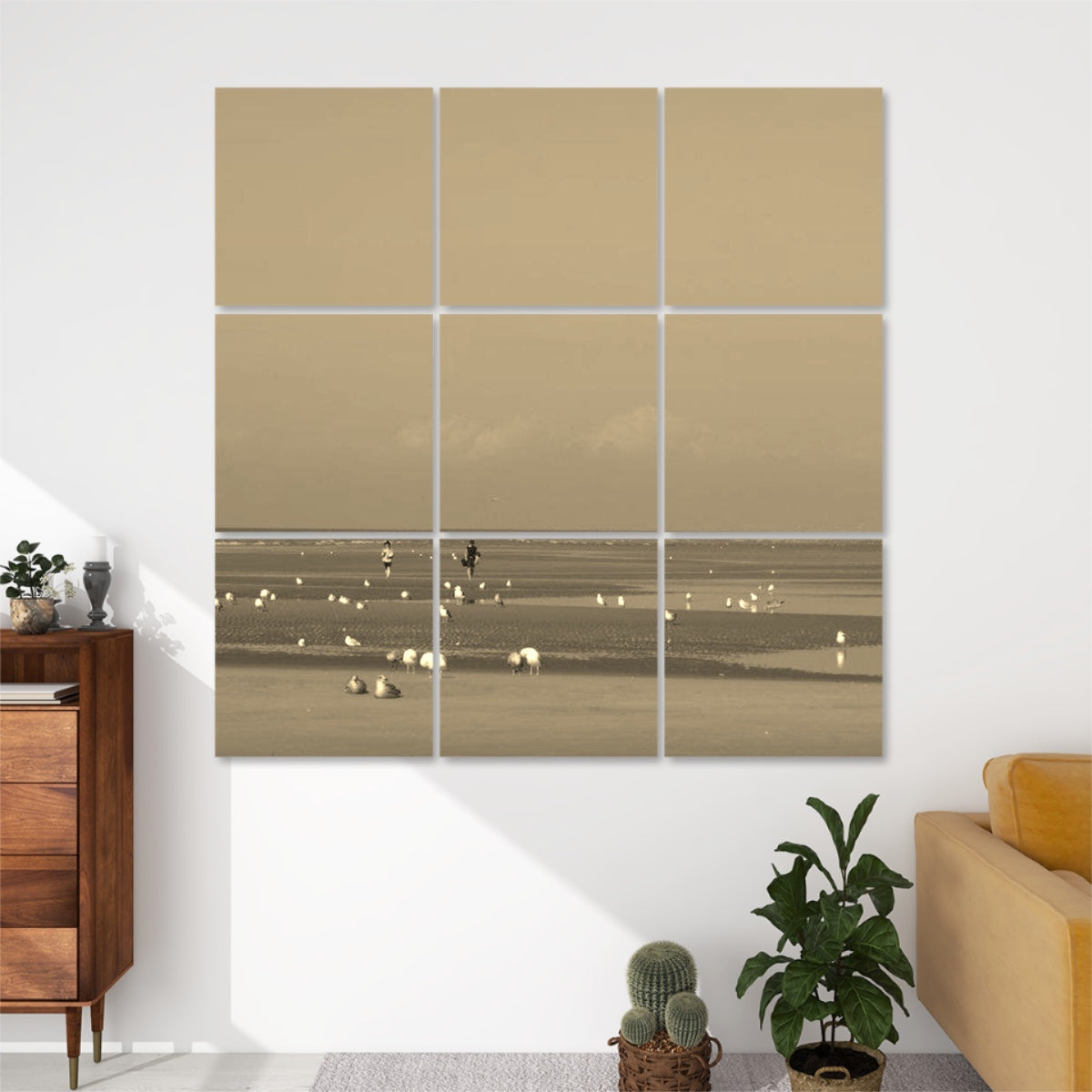 Sepia-toned 9-panel coastal wall art of a beach with seagulls and a distant pier, evoking a nostalgic vintage seaside atmosphere.