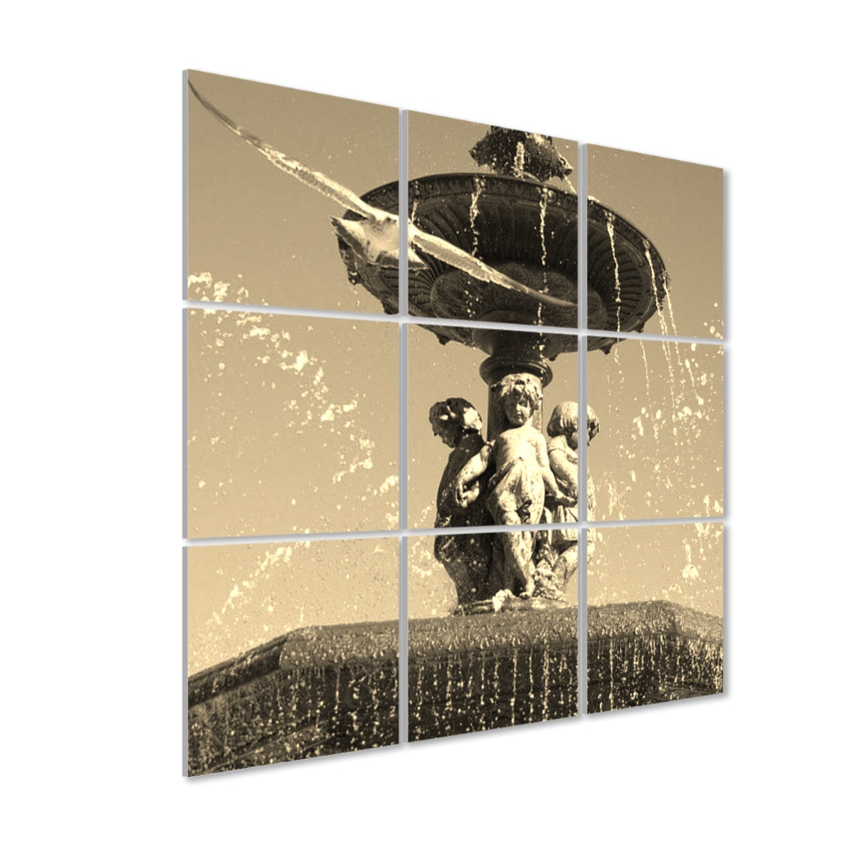 Left‑angle view of sepia‑toned seagull‑over‑Lisbon 9‑panel acoustic wall art, vintage warmth and panel depth visible
