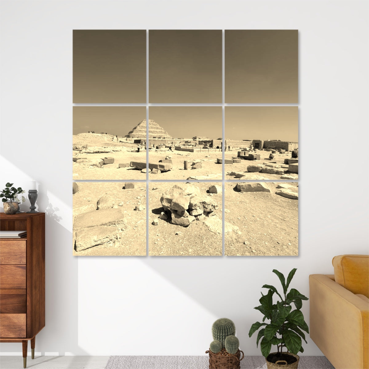 Sepia-toned 9-panel wall art showing the Step Pyramid of Djoser and surrounding ruins, evoking a vintage, historic feel.