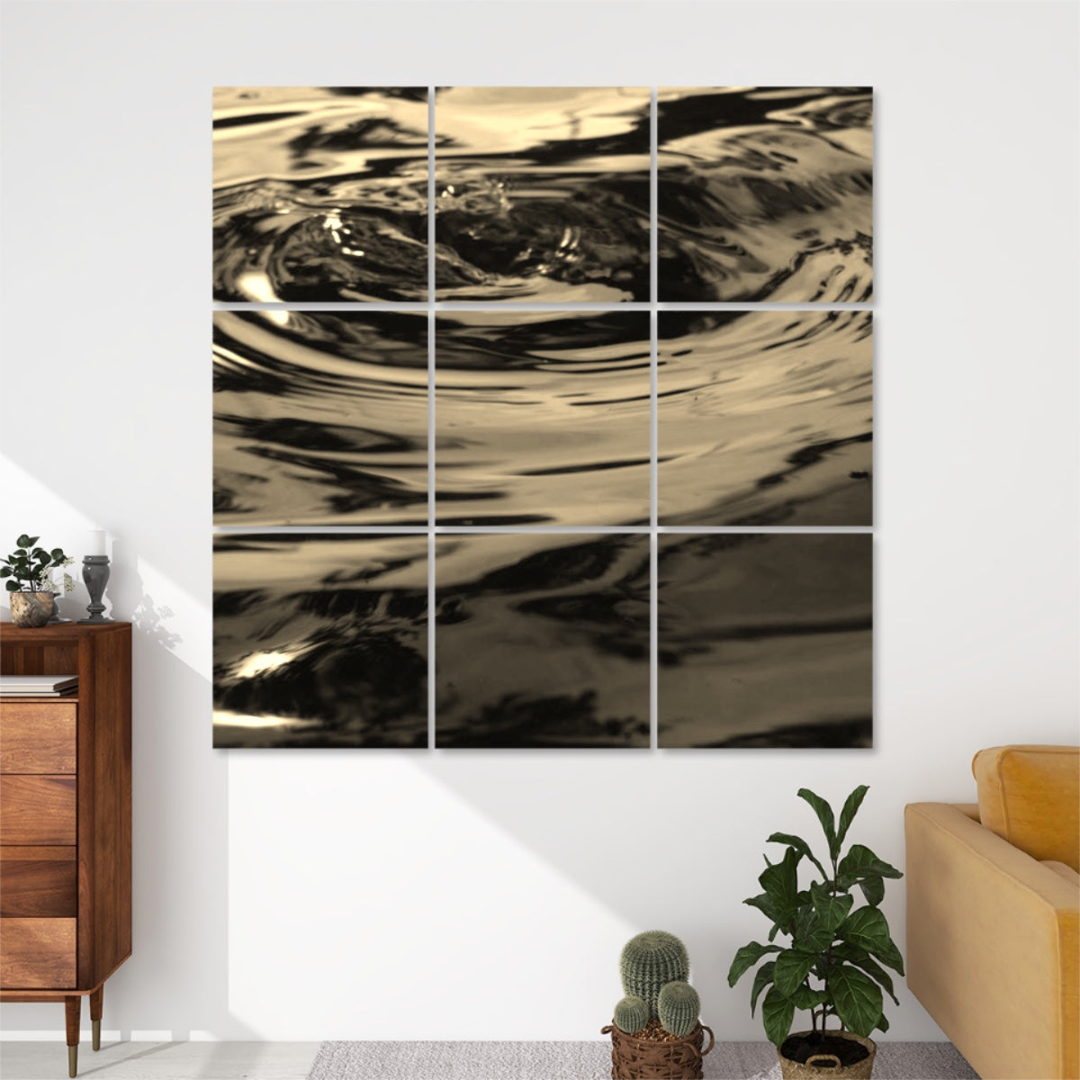 Sepia-toned 9-panel acoustic wall art showing soft water ripples and subtle highlights in a timeless, vintage-inspired style.