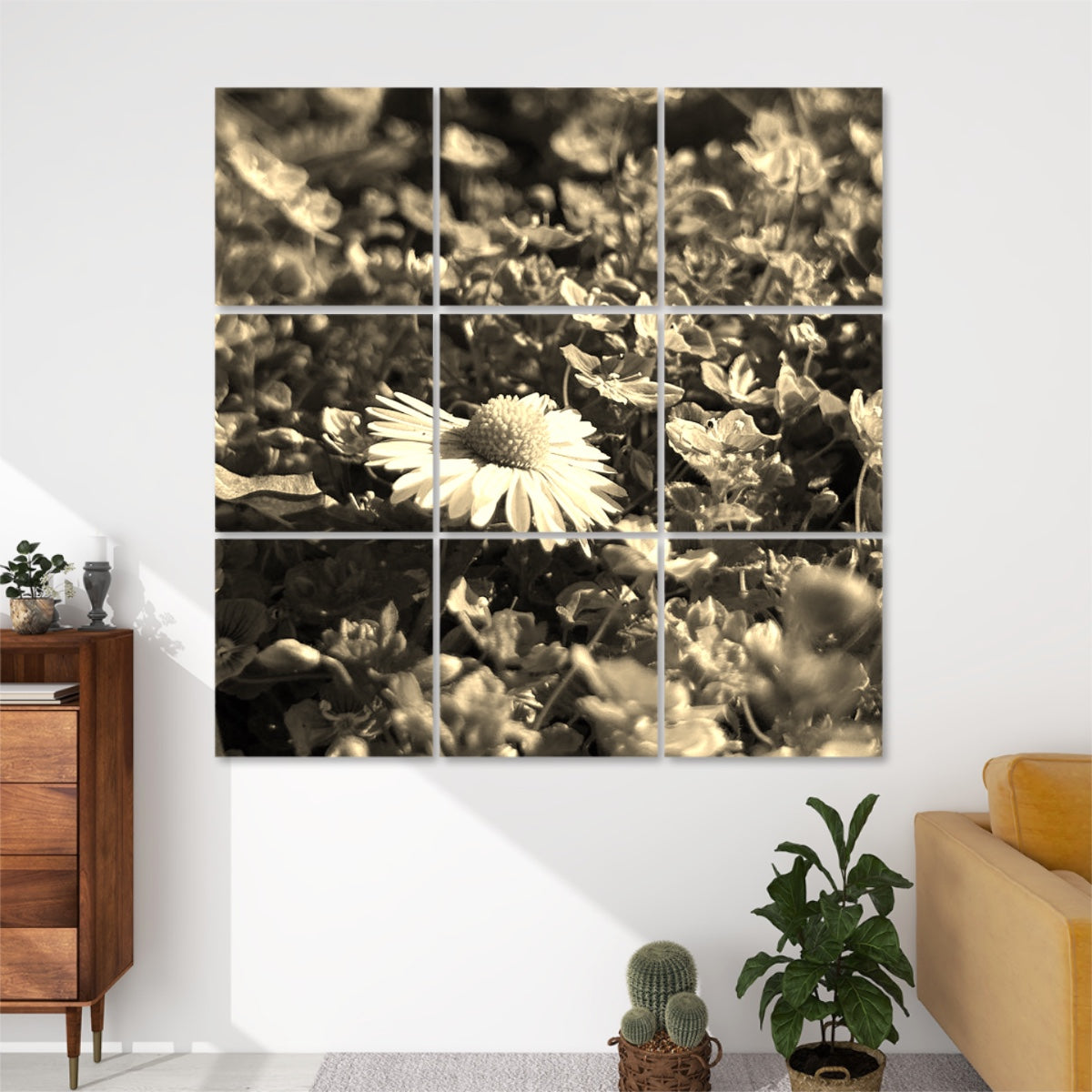 Sepia-toned 9-panel acoustic wall art showing a white daisy amid purple wildflowers in warm vintage-style hues.