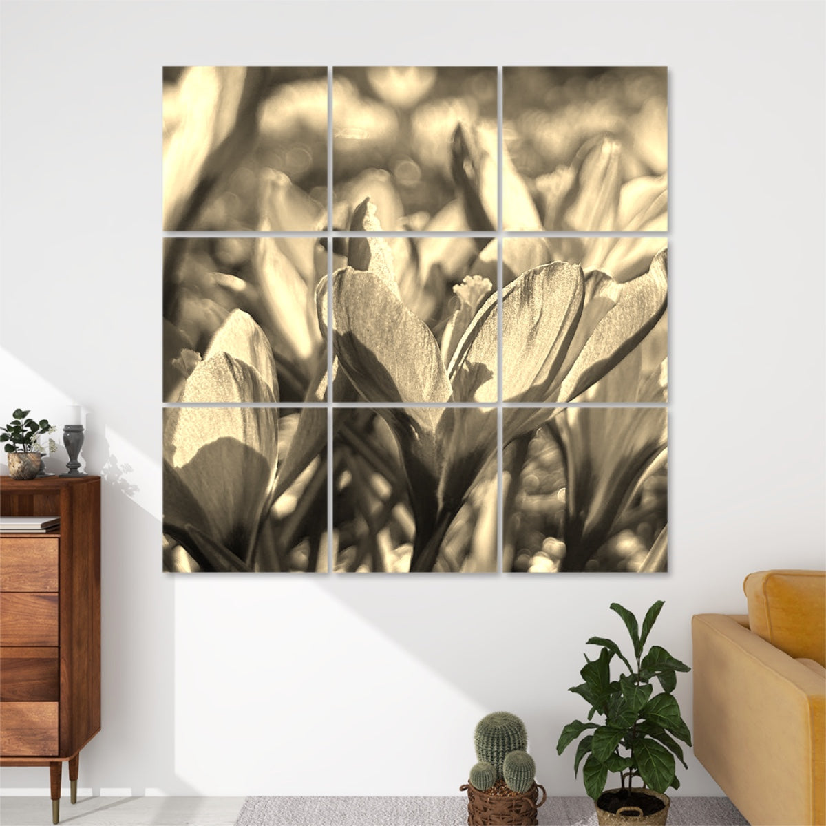 Sepia-toned 9-panel wall art featuring blooming purple crocuses with a warm, vintage-inspired aesthetic and sunlit details.