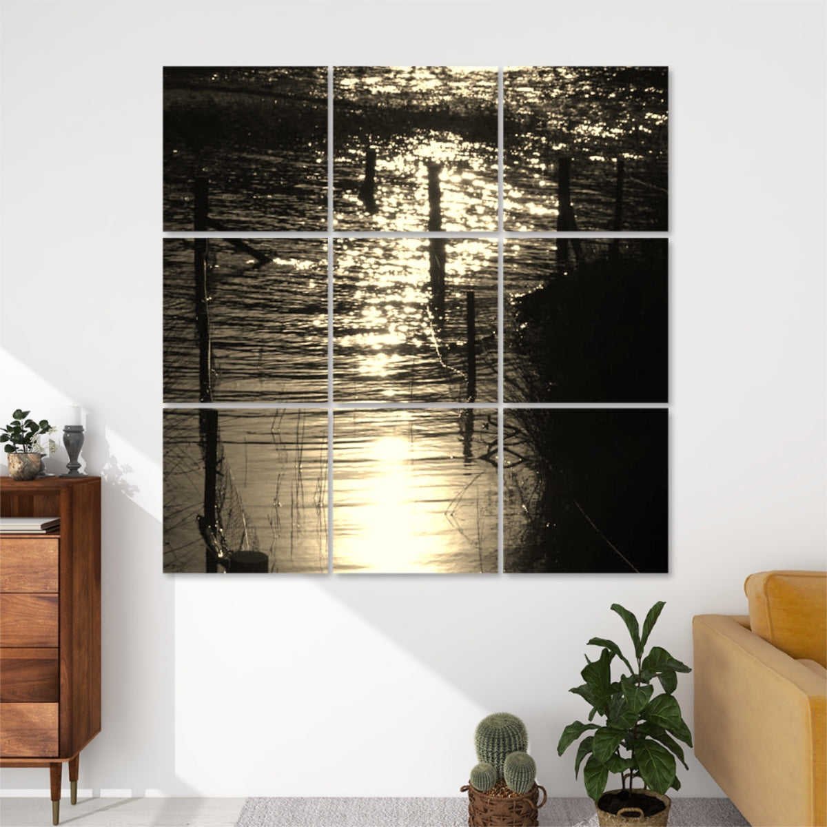 Sepia-toned 9-panel acoustic wall art depicting shimmering water and silhouetted elements in warm vintage tones.
