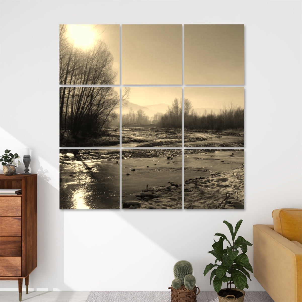 Sepia-toned 9-panel acoustic wall art depicting a sunlit winter stream and snowy forest in warm, nostalgic hues.