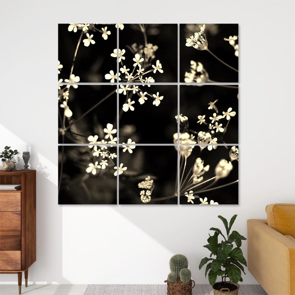 9 sound absorbing panels featuring white little flowers on black/green background, color: sepia