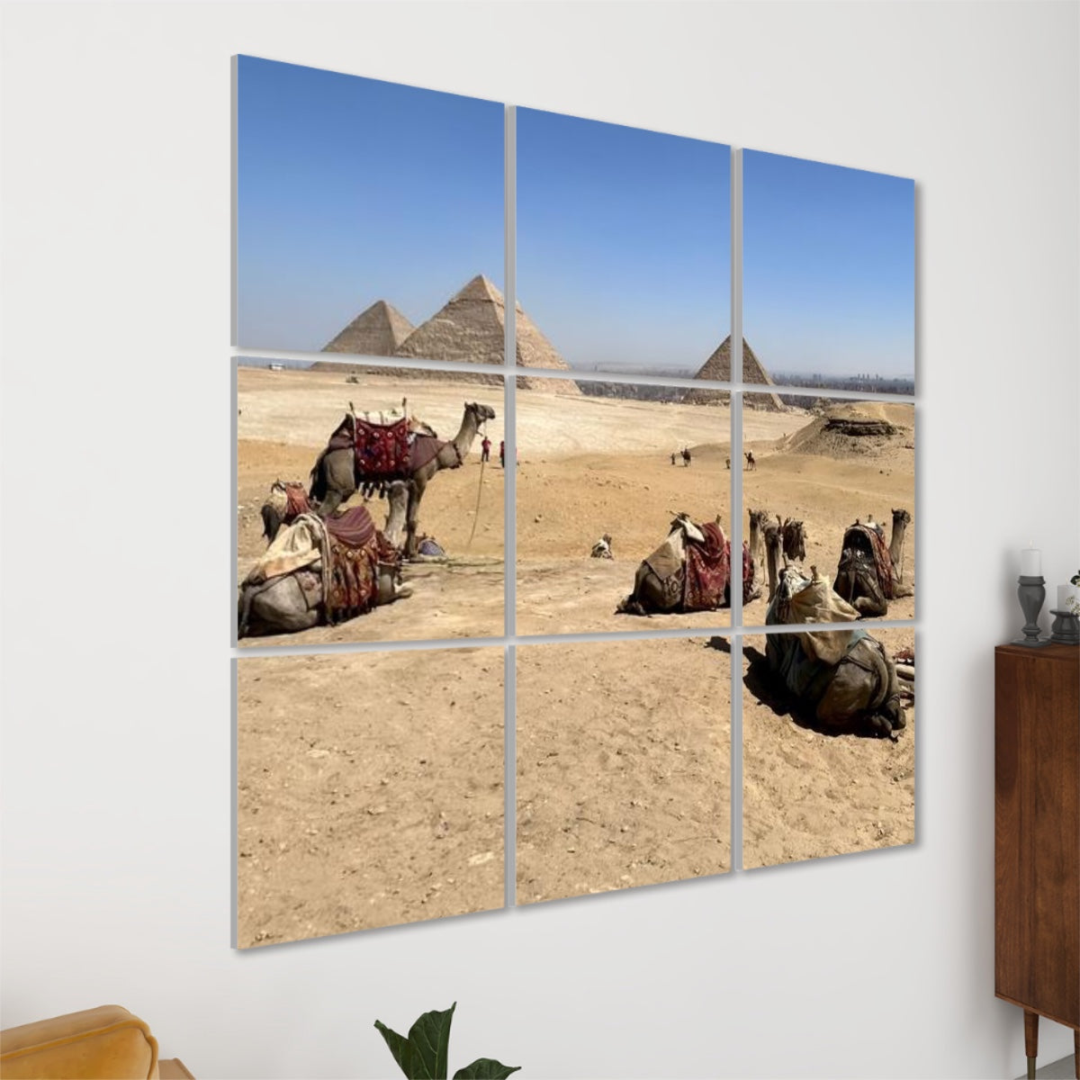 Left‑side angled view of the 3 × 3 full‑color camel‑and‑pyramids acoustic panel set, highlighting panel depth and vivid desert hues.