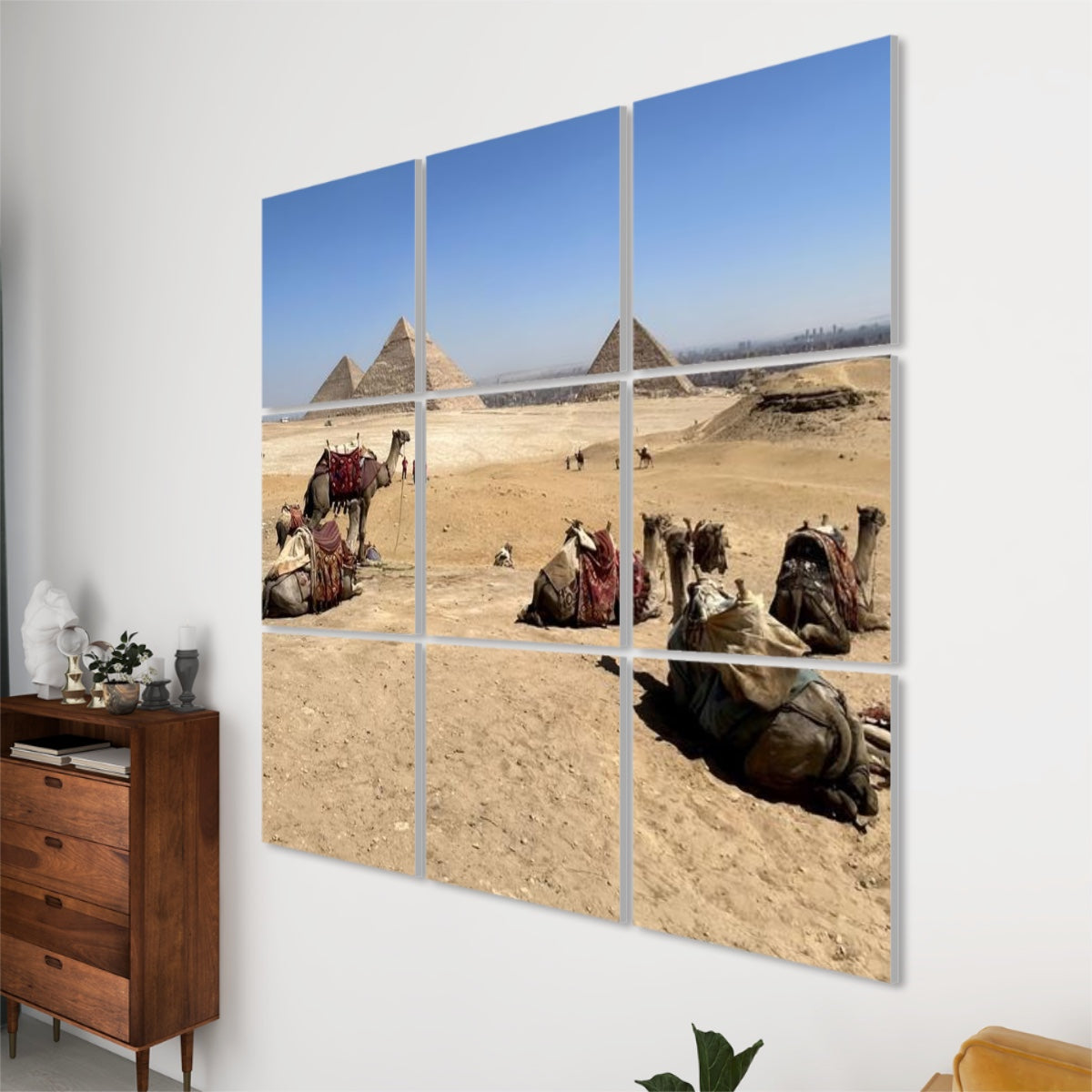 Right‑side perspective of the full‑color camel and pyramids sound‑absorbing wall art, showing seamless panel alignment and texture.