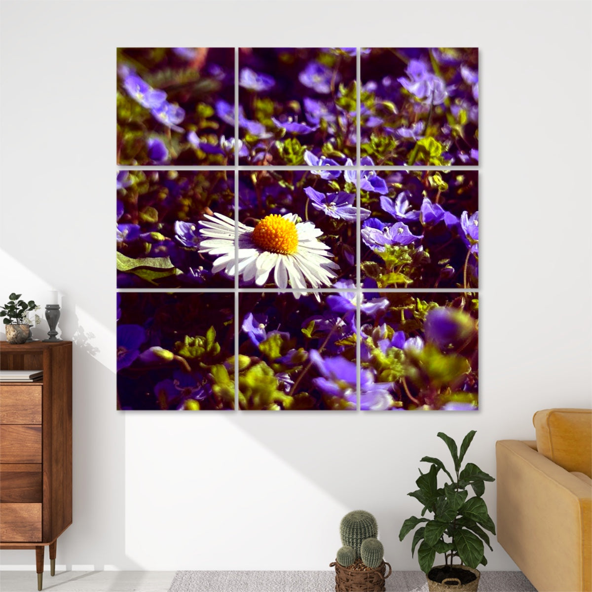 Technicolor version of 9-panel wall art showing a daisy surrounded by wild violets in bold, high-saturation retro-inspired colors.