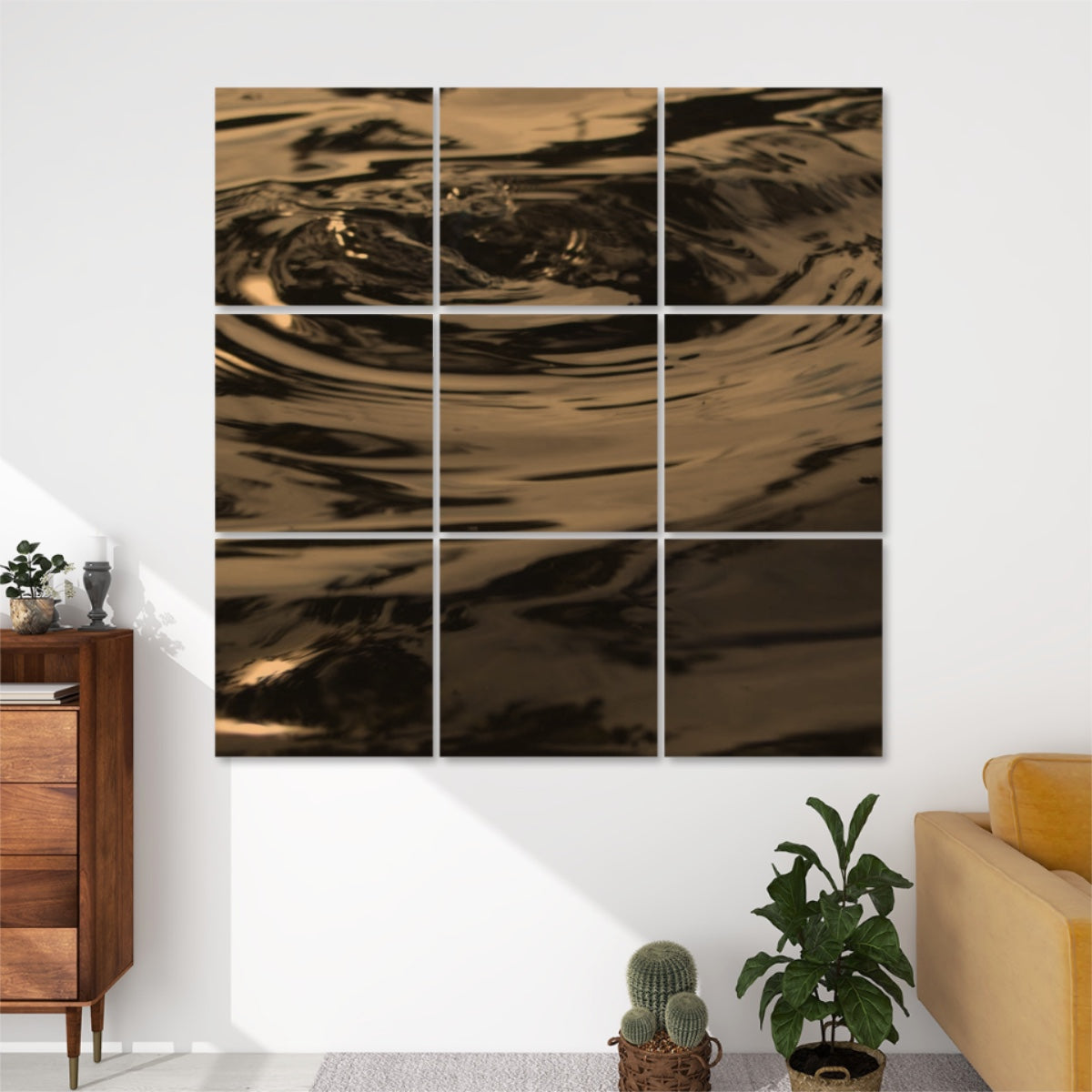 Vintage-style 9-panel wall art of rippling water with faded colors and gentle reflections, evoking a soft, aged atmosphere.