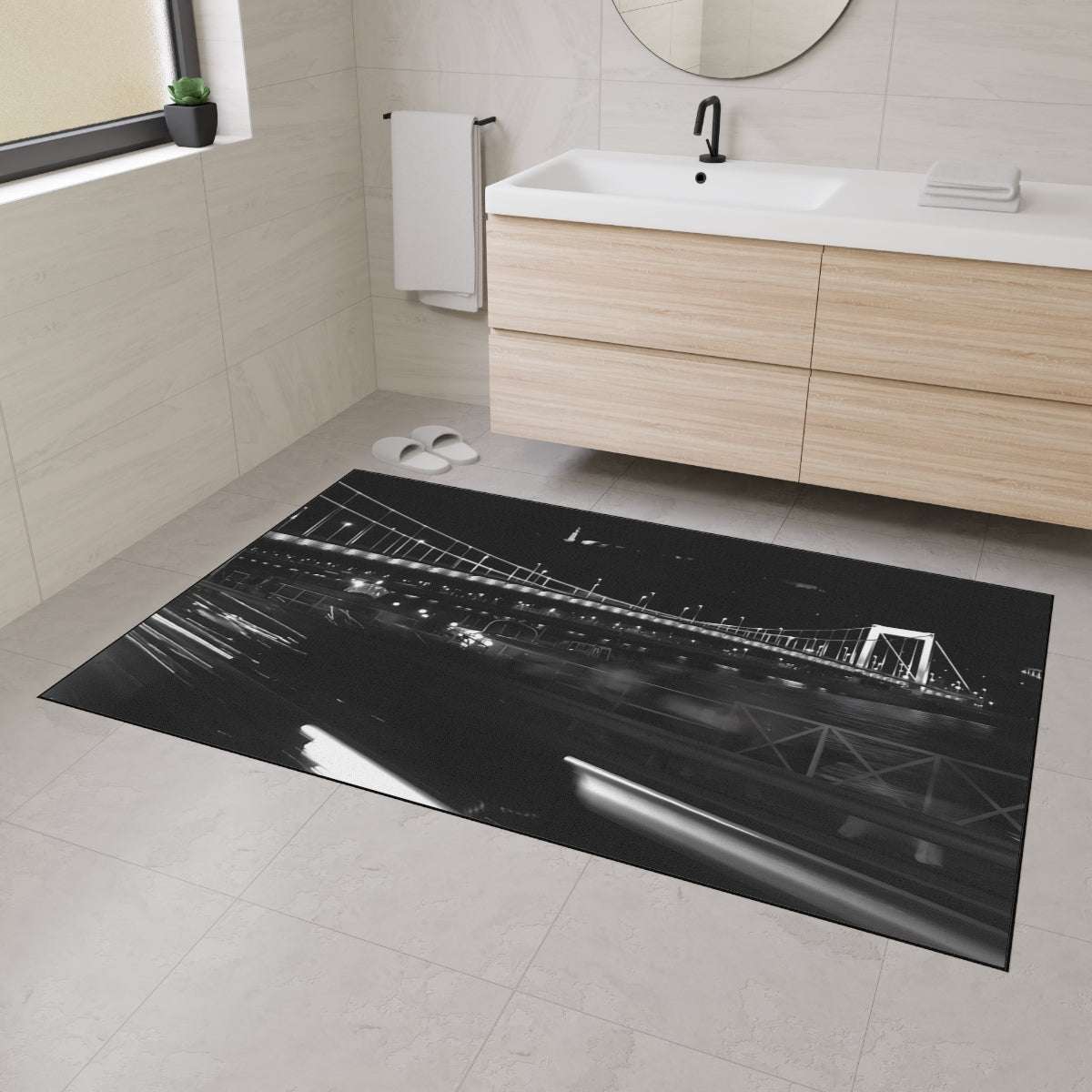 Heavy Duty Floor Mat featuring black and white photograph of Budapest by night