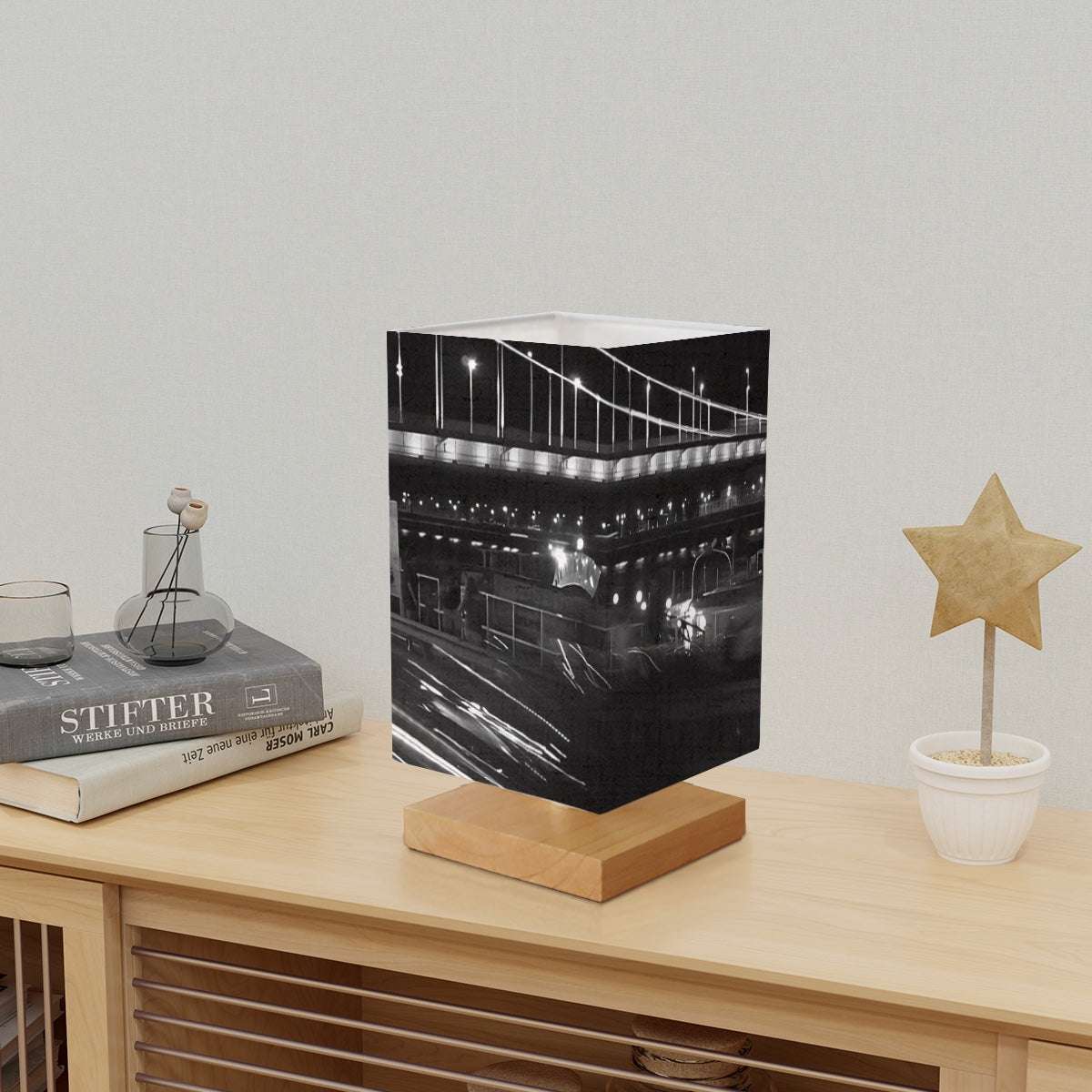 Square Table Lamp featuring black and white long exposure photograph of bridge in Budapest Citadel and car size: 5.5''x5.5''x11''
