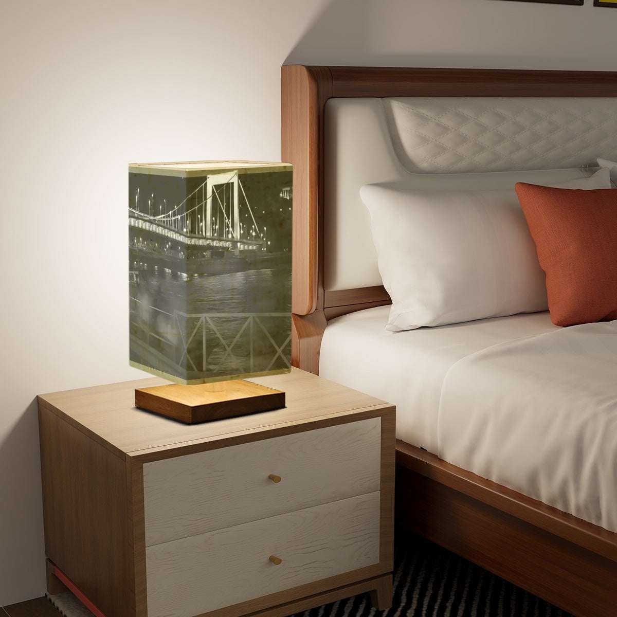 Square Table Lamp featuring black and white long exposure photograph of bridge in Budapest Citadel and car size: 5.5''x5.5''x11''
