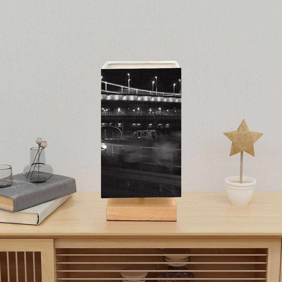 Square Table Lamp featuring black and white long exposure photograph of bridge in Budapest Citadel and car size: 5.5''x5.5''x11''