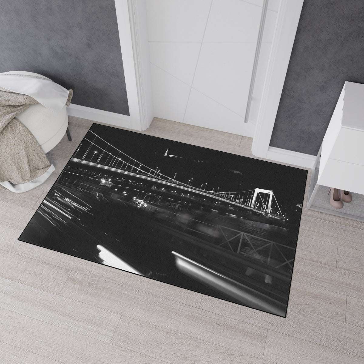 Heavy Duty Floor Mat featuring black and white photograph of Budapest by night