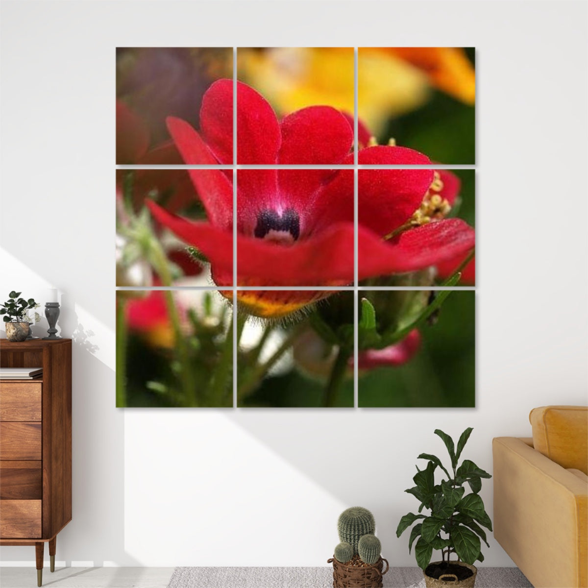 Close-up of vivid red Nemesia flower in bloom, set against a lush green and orange floral background in full color.