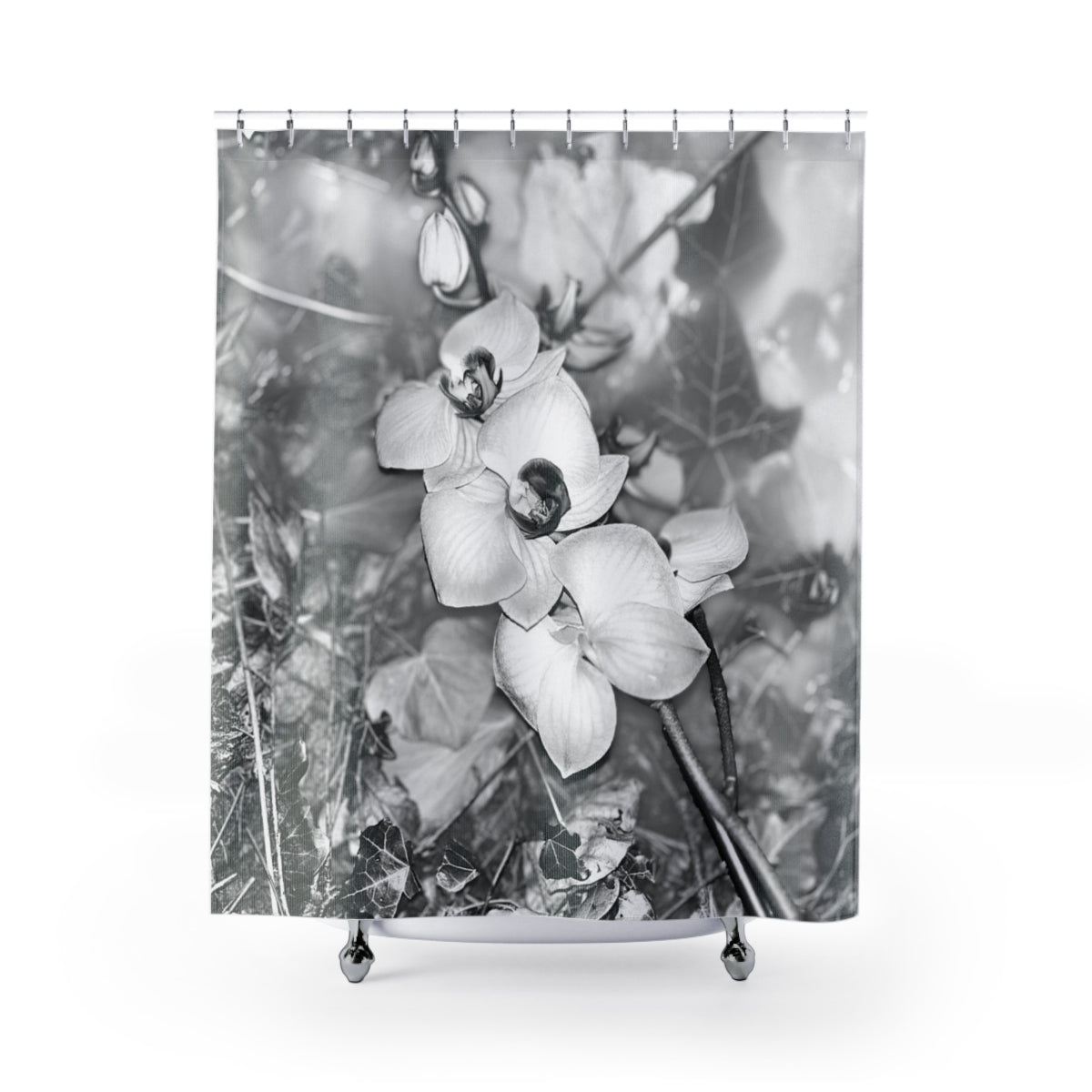Black and white designer shower curtain featuring close up of orchids size: 71’’x74’’