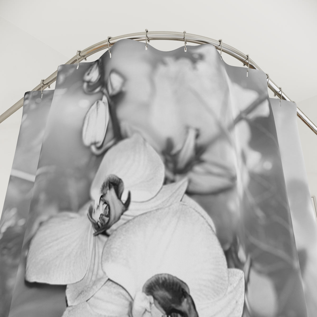Black and white designer shower curtain featuring close up of orchids size: 71’’x74’’