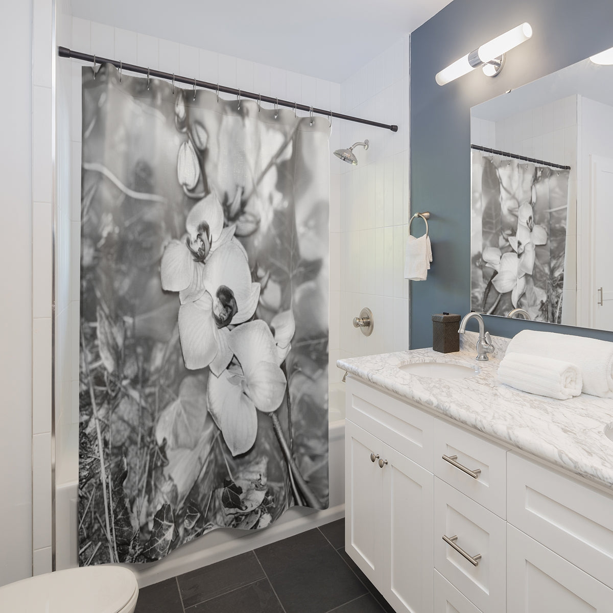 Black and white designer shower curtain featuring close up of orchids size: 71’’x74’’