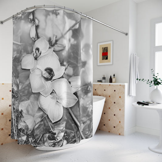 Black and white designer shower curtain featuring close up of orchids size: 71’’x74’’